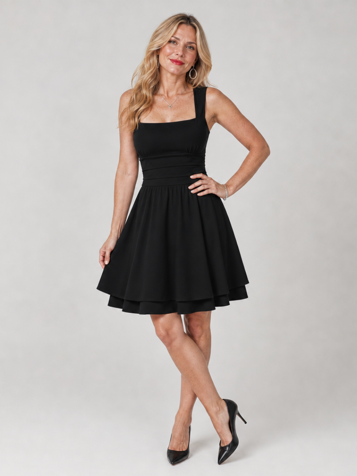 Celen | Sleeveless Square Neck Flared Skirt Mini Dress