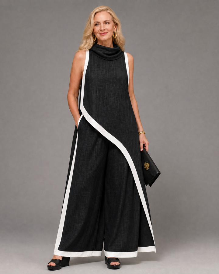 Valthera | Contrast Trim Sleeveless Layered Top And Wide Leg Pants Set