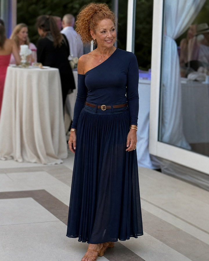 Nythera | One Shoulder Fitted Top And Pleated Maxi Skirt Set