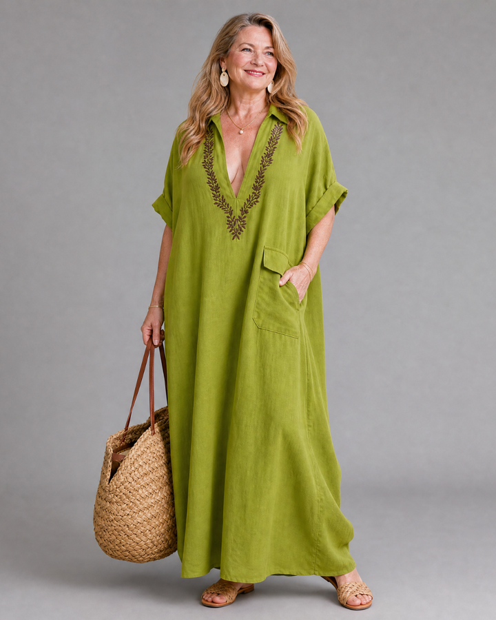 Elakeja | Embroidered V Neck Pocket Detail Relaxed Midi Dress