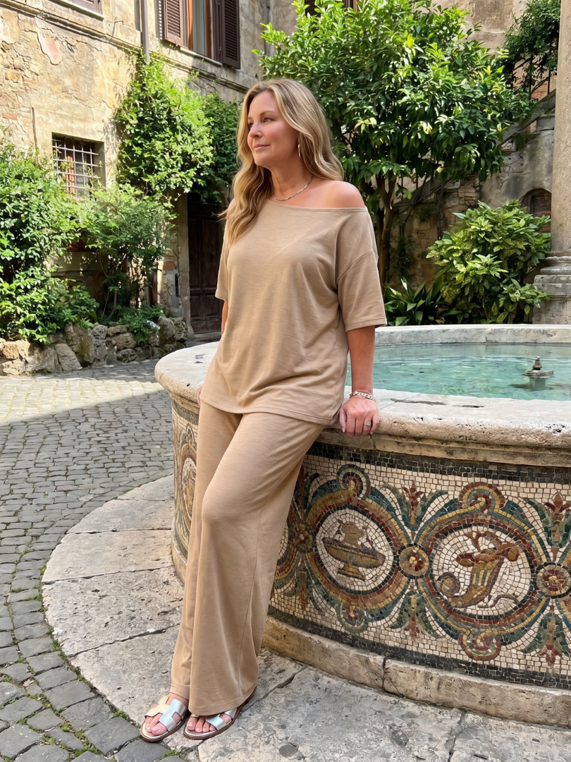 Elarim | Short Sleeve Off Shoulder Top And Wide Leg Pants Set