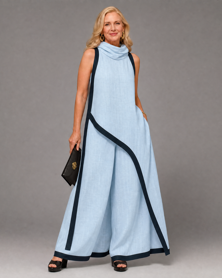 Valthera | Contrast Trim Sleeveless Layered Top And Wide Leg Pants Set