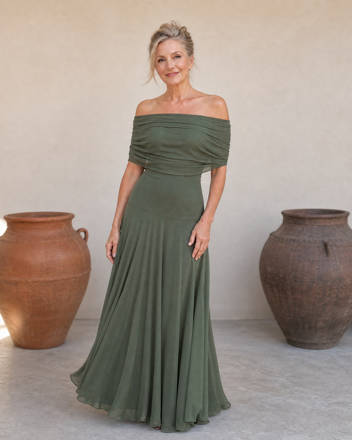 Valerinne | Off Shoulder Draped Bodice Flowing Maxi Dress