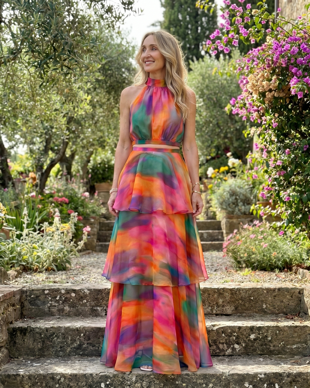 Mique | Natural Floral Halter Cutout Tiered Maxi Dress