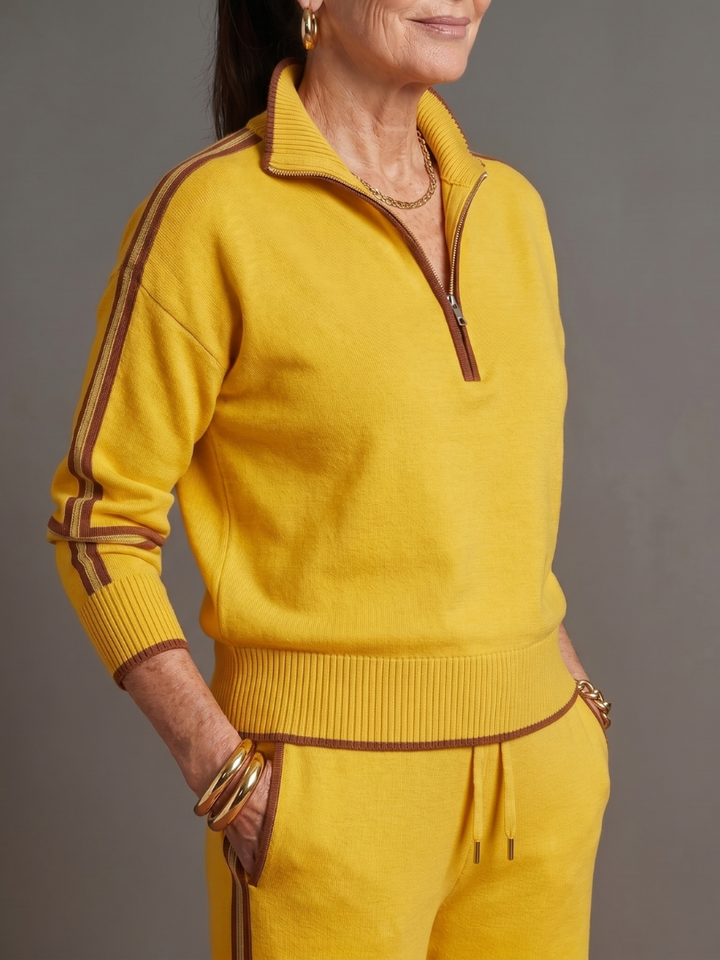 Rain | Zip Neck Long Sleeve Side Stripe Leg Pants Set