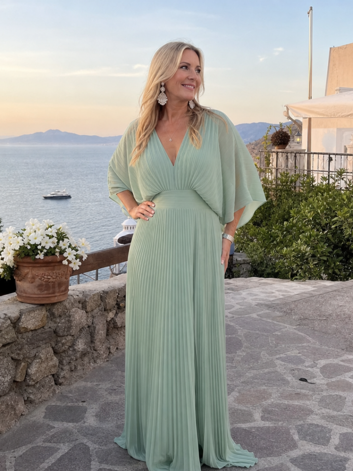 Semorph | V Neck Long Sleeve Pleated Maxi Dress