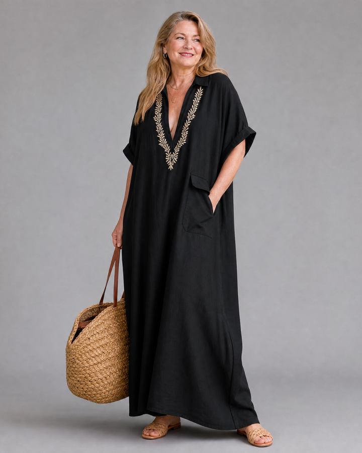 Elakeja | Embroidered V Neck Pocket Detail Relaxed Midi Dress