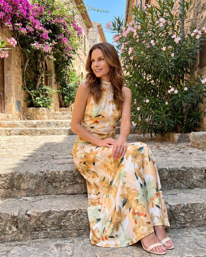Cekel | Botanical Print Halter Neck Flowing Midi Dress