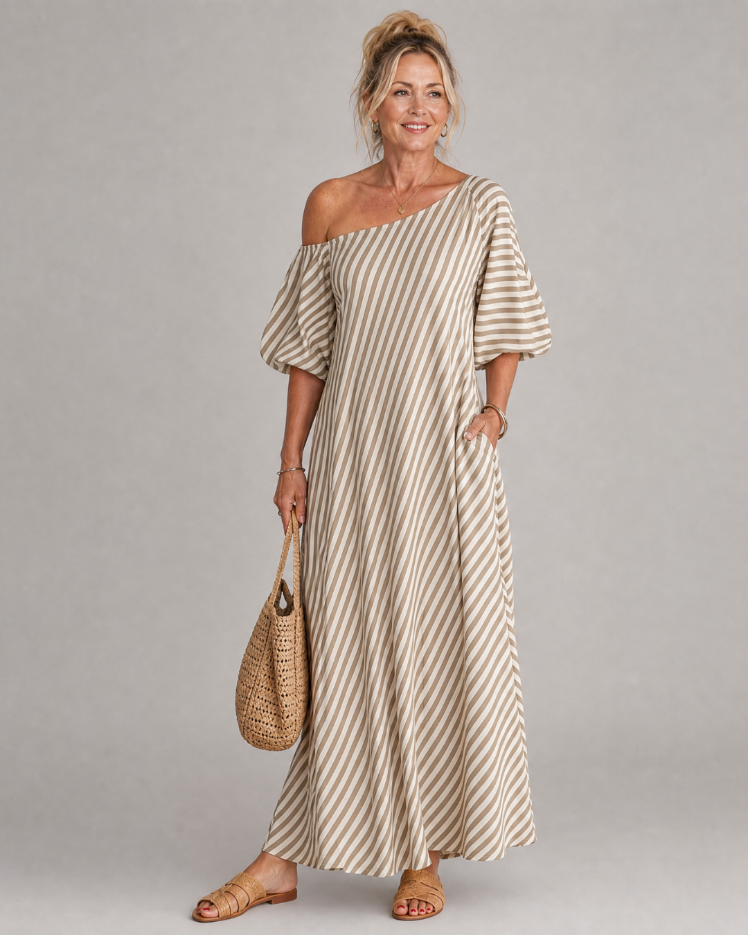 Zamrina | Striped Off Shoulder Puff Sleeve Midi Dress