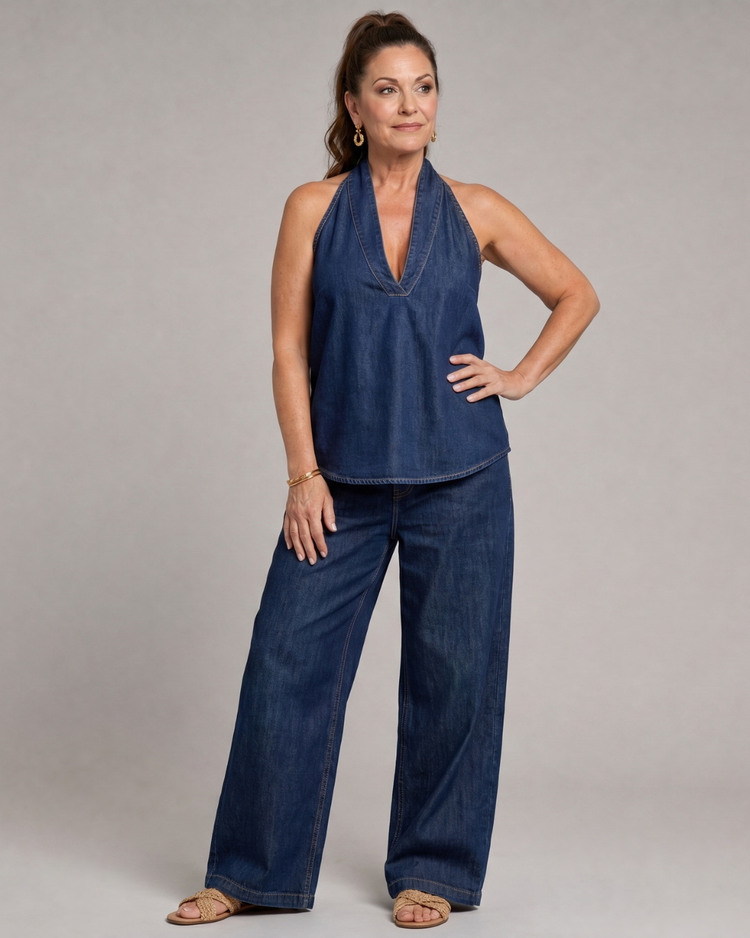 Zorelle | Halter Neck Denim Top And Wide Leg Pants Set