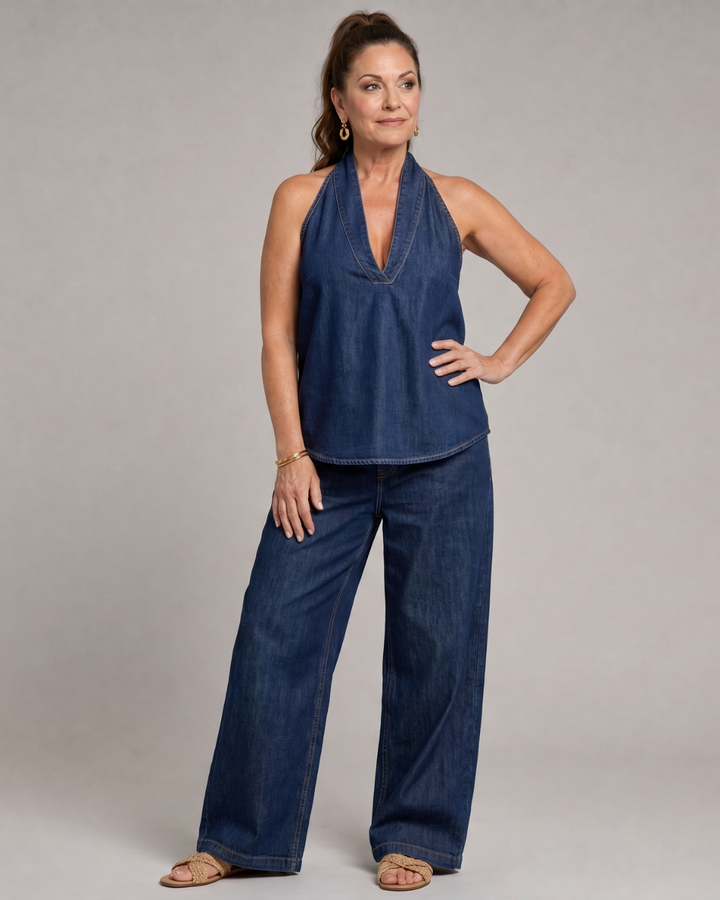 Zorelle | Halter Neck Denim Top And Wide Leg Pants Set