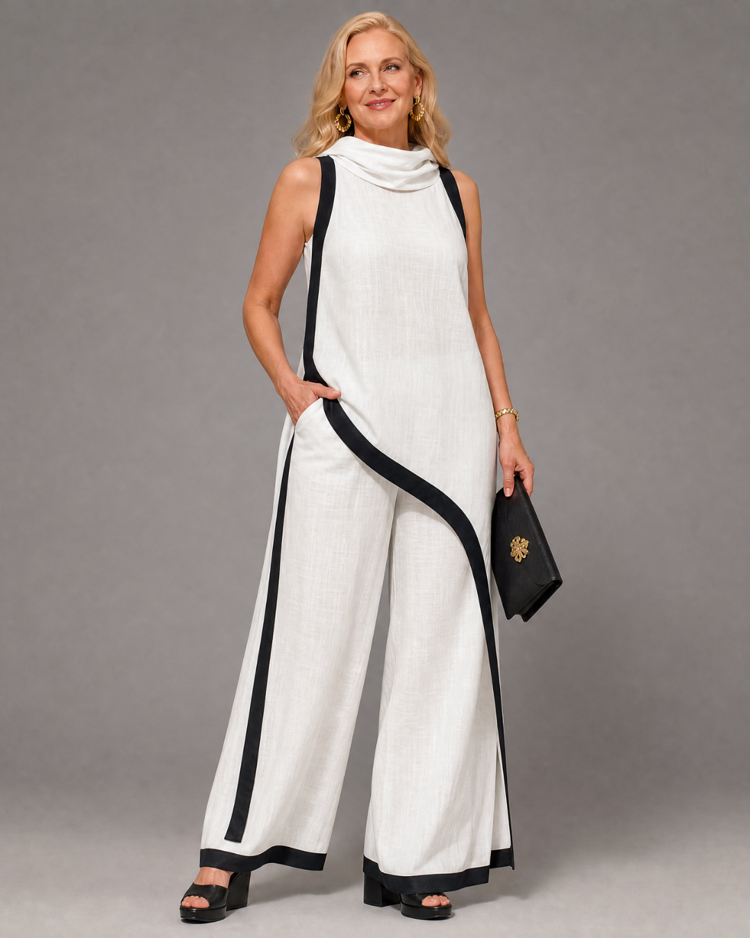 Valthera | Contrast Trim Sleeveless Layered Top And Wide Leg Pants Set