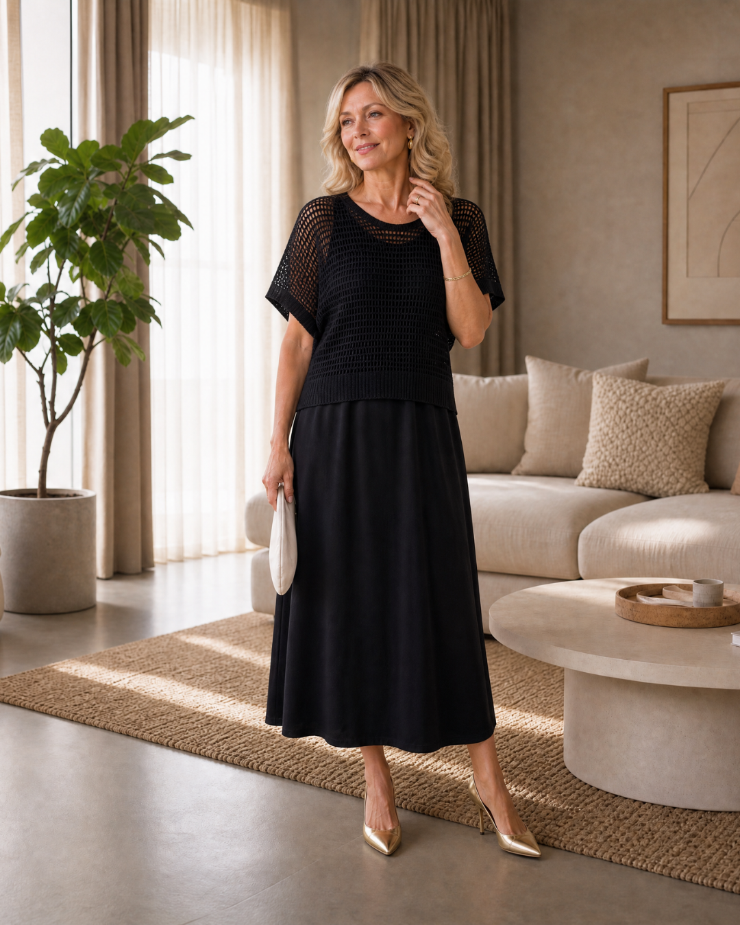 Sorella | Open Knit Top And Flowing Midi Dress Set