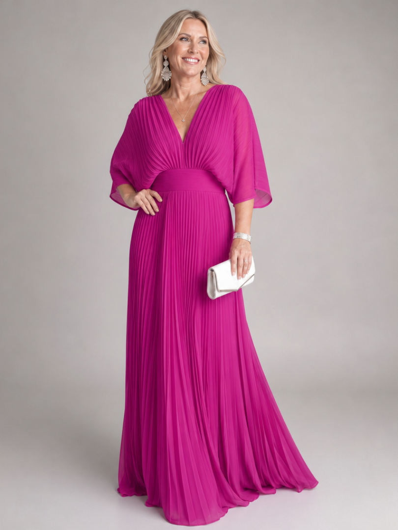 Semorph | V Neck Long Sleeve Pleated Maxi Dress