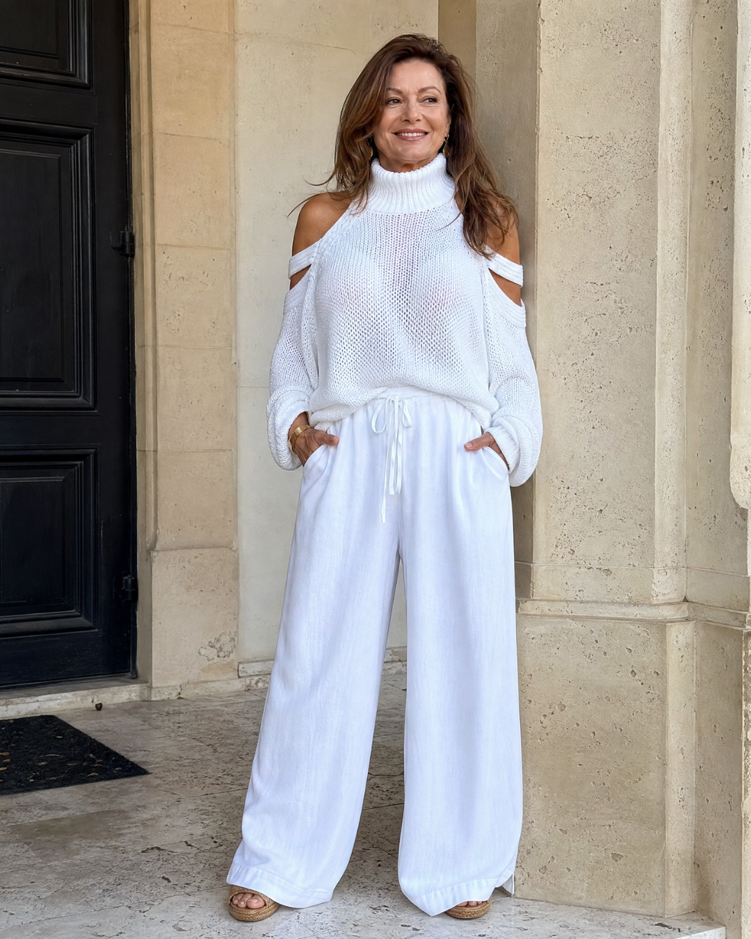 Elamen | Cold Shoulder Knit Sweater Wide Leg Pants Set