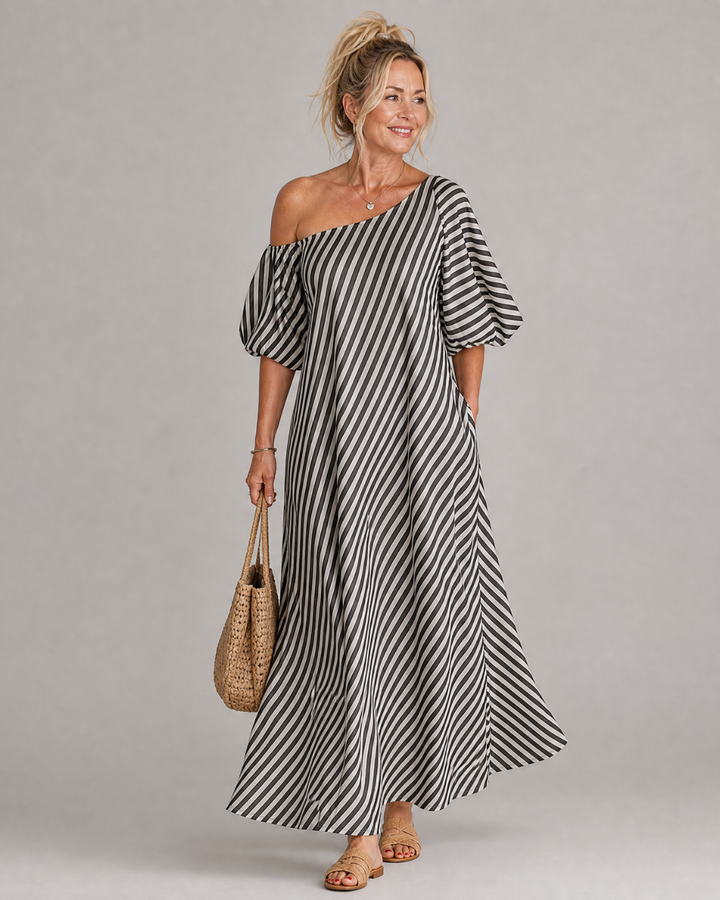 Zamrina | Striped Off Shoulder Puff Sleeve Midi Dress