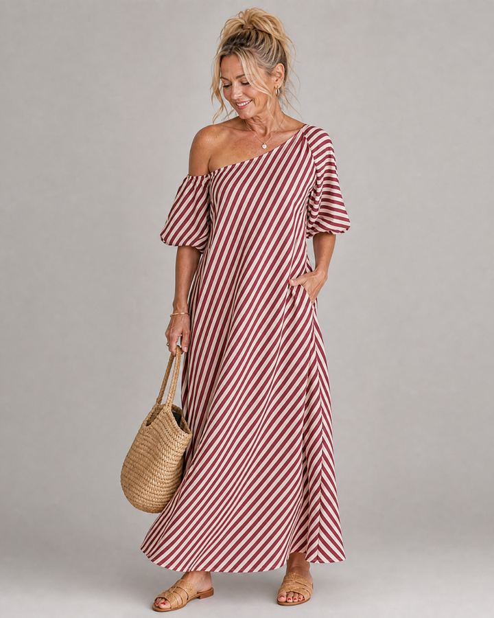 Zamrina | Striped Off Shoulder Puff Sleeve Midi Dress