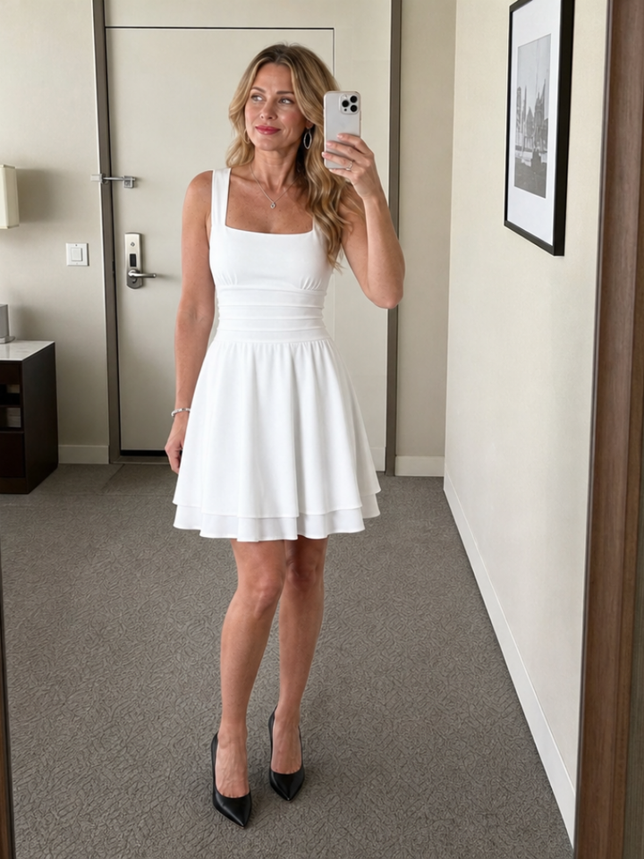 Celen | Sleeveless Square Neck Flared Skirt Mini Dress