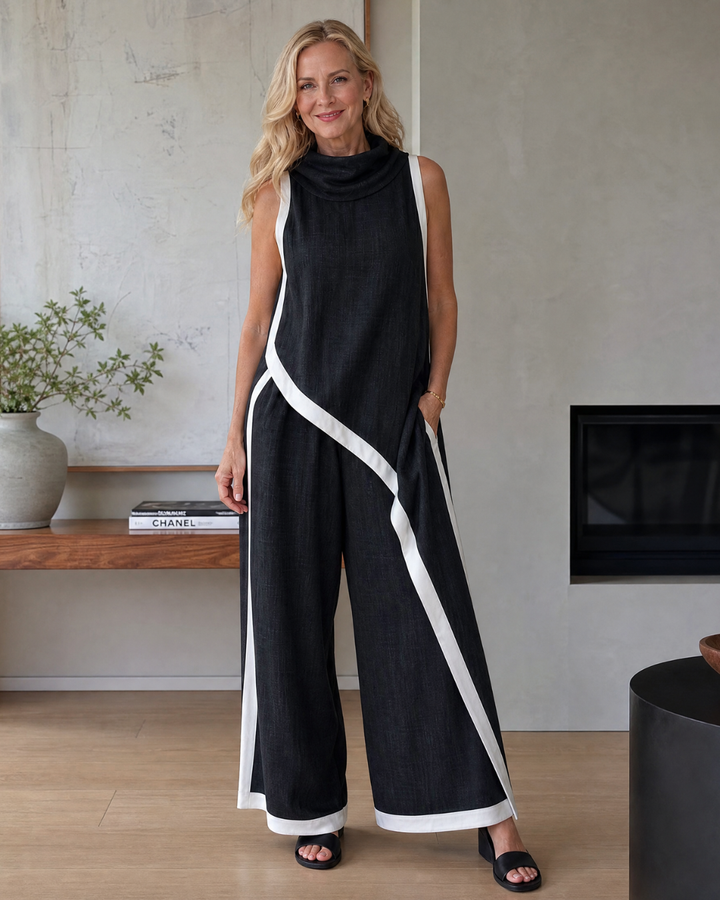 Valthera | Contrast Trim Sleeveless Layered Top And Wide Leg Pants Set