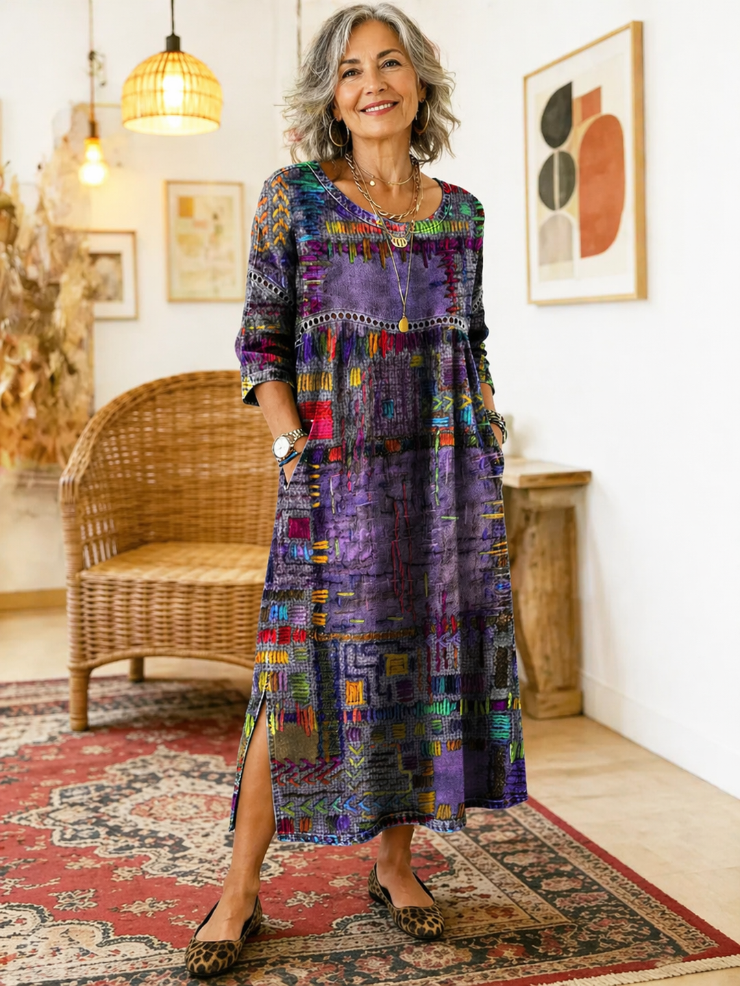 Manuela Printed Dress with Ethnic Patchwork