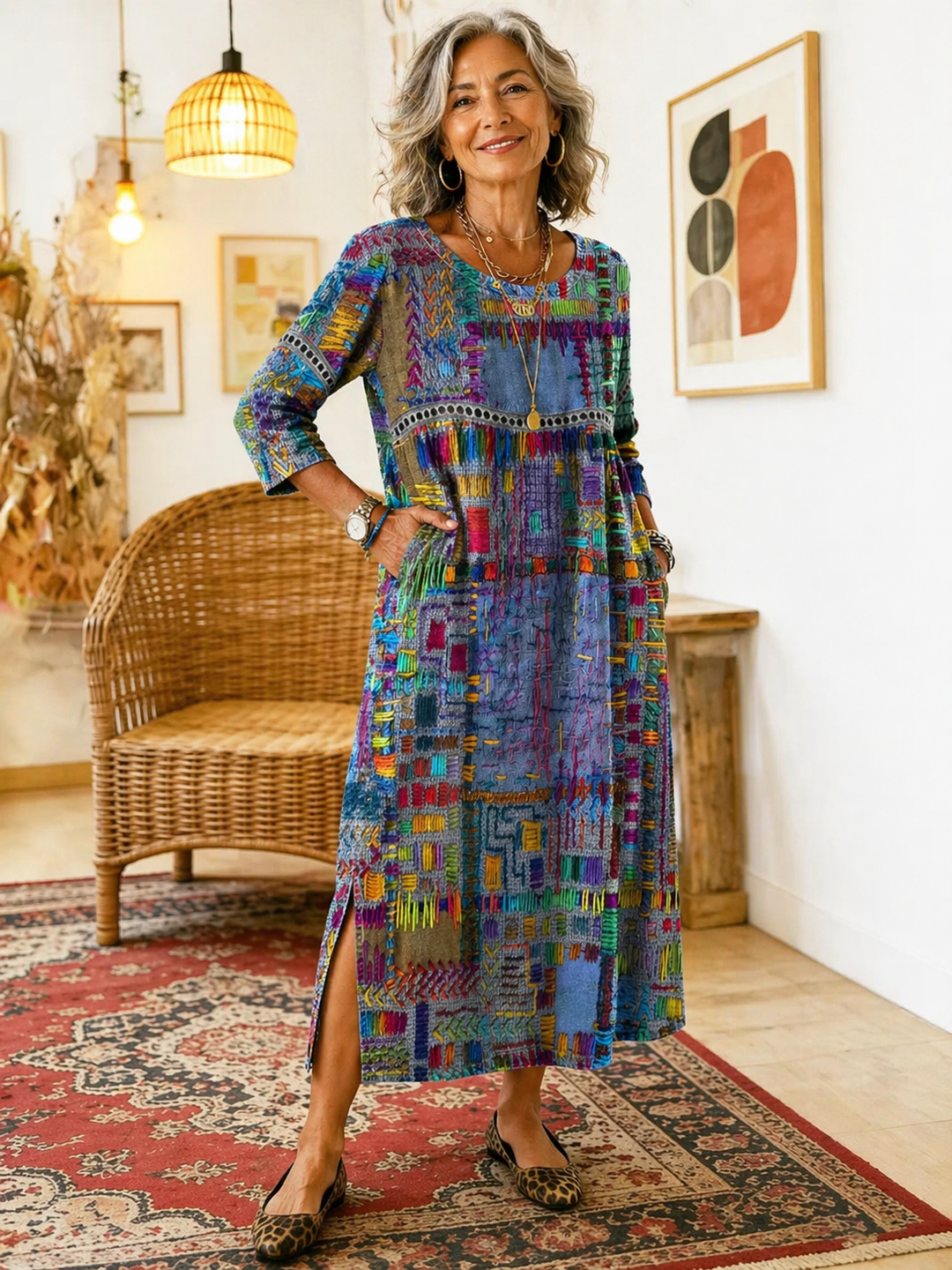 Manuela Printed Dress with Ethnic Patchwork