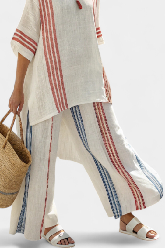 Solvane | Sophisticated Multicolour Striped Top &amp; Mediterranean Trousers
