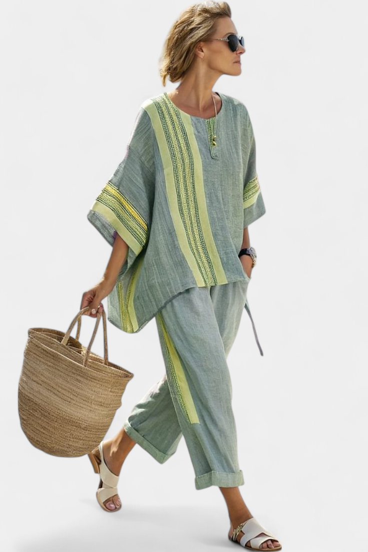 Elowric | Elegant Lavender Top &amp; Mustard Striped Trousers