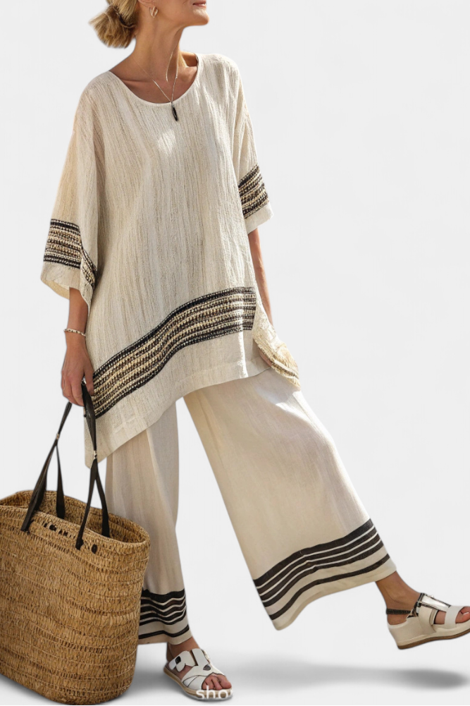 Harlowe | Elegant Black-Striped Linen Top &amp; Flowing Trousers