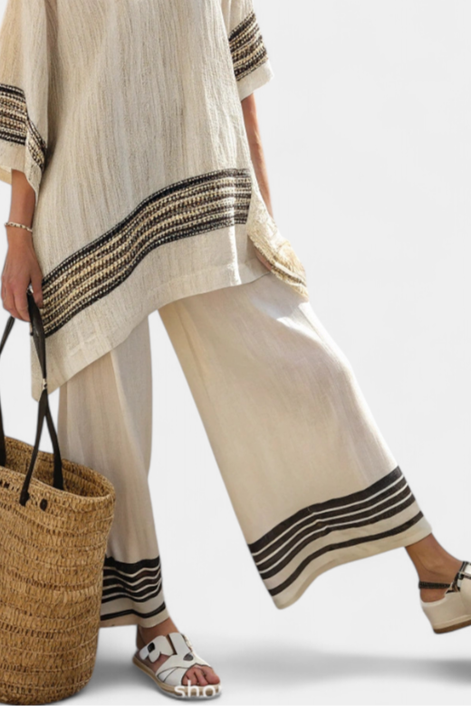 Harlowe | Elegant Black-Striped Linen Top &amp; Flowing Trousers