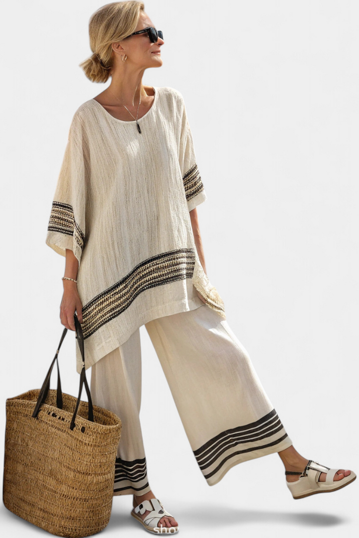 Harlowe | Elegant Black-Striped Linen Top &amp; Flowing Trousers