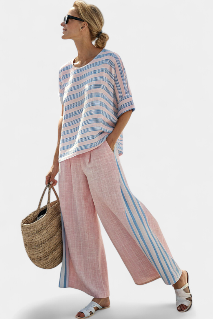 Virella | Elegant Pink-Blue Linen Blouse &amp; Soft Trousers