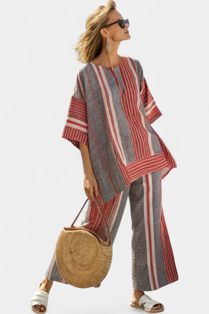 Bravine | Elegant Coral-Grey Linen Top &amp; Wide-Leg Trousers