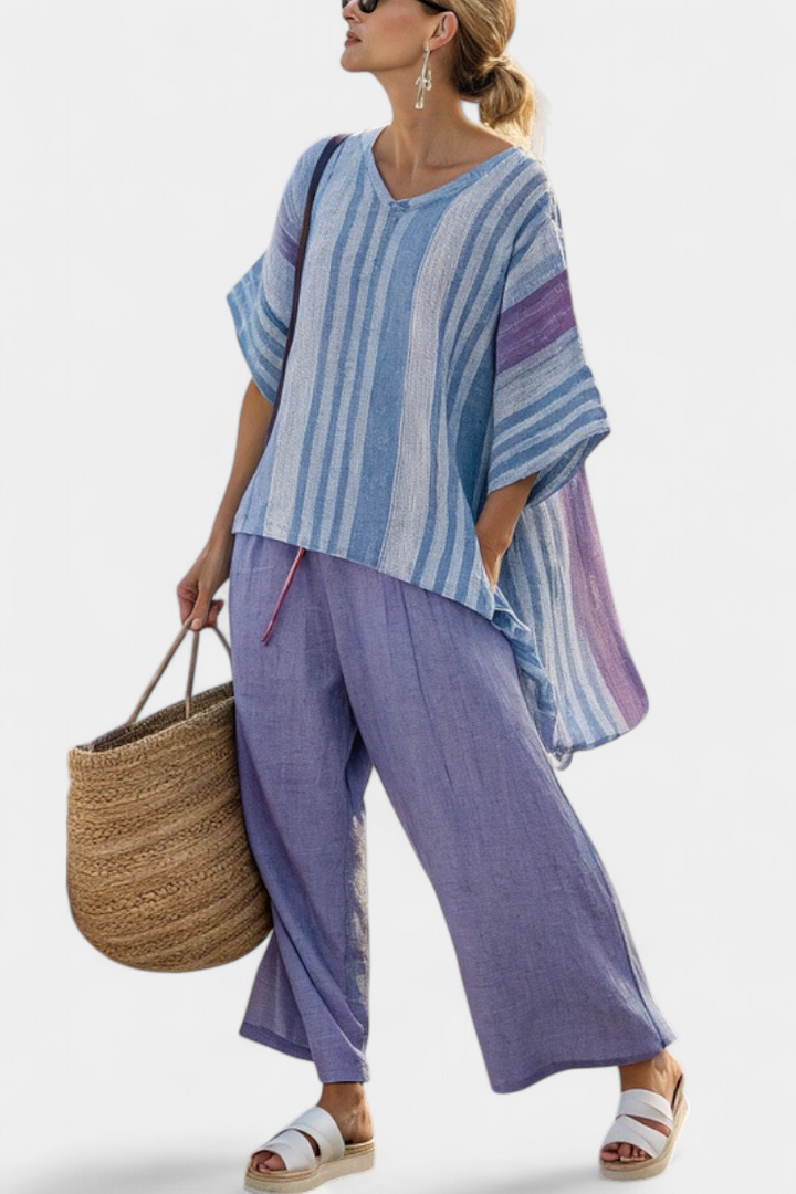 Zellora | Elegant Lavender &amp; Sky Blue Top &amp; Linen Trousers