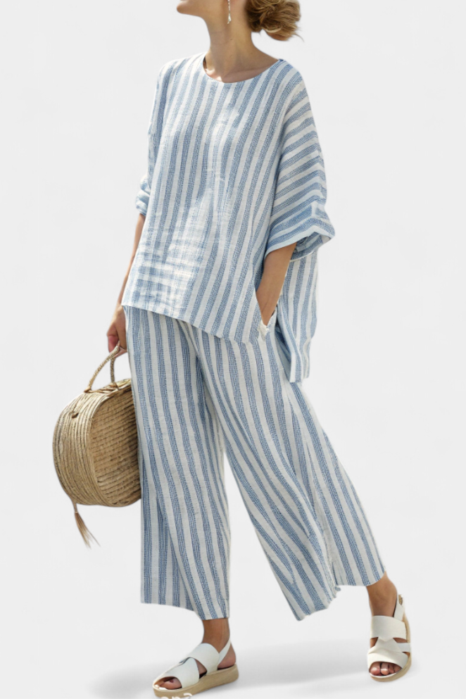 Rensleigh | Sophisticated Blue Striped Linen Top &amp; Relaxed Trousers