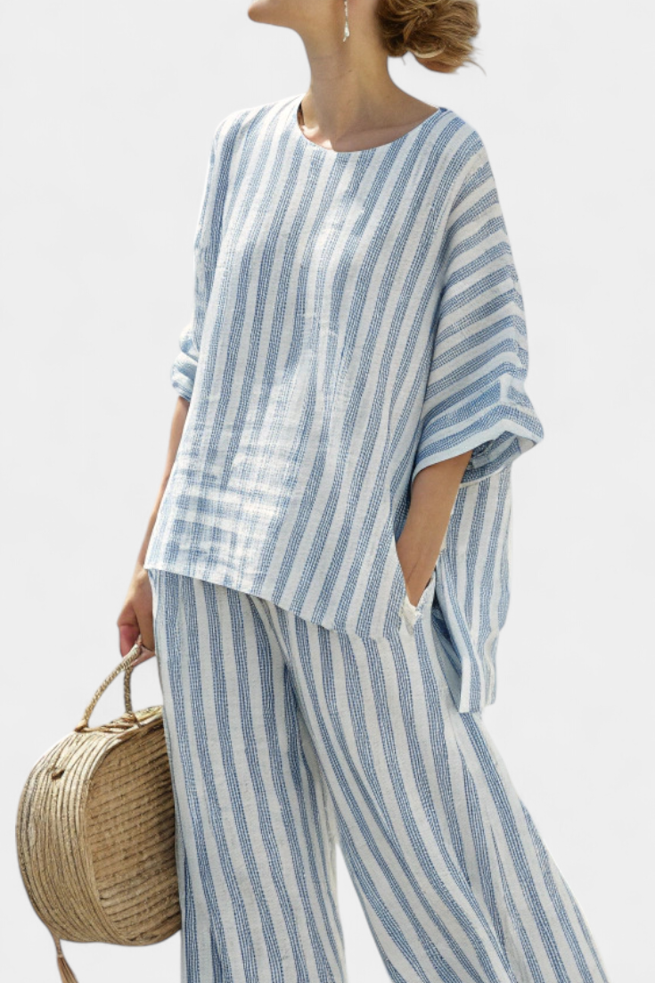 Rensleigh | Sophisticated Blue Striped Linen Top &amp; Relaxed Trousers