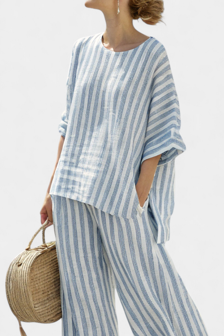 Rensleigh | Sophisticated Blue Striped Linen Top &amp; Relaxed Trousers