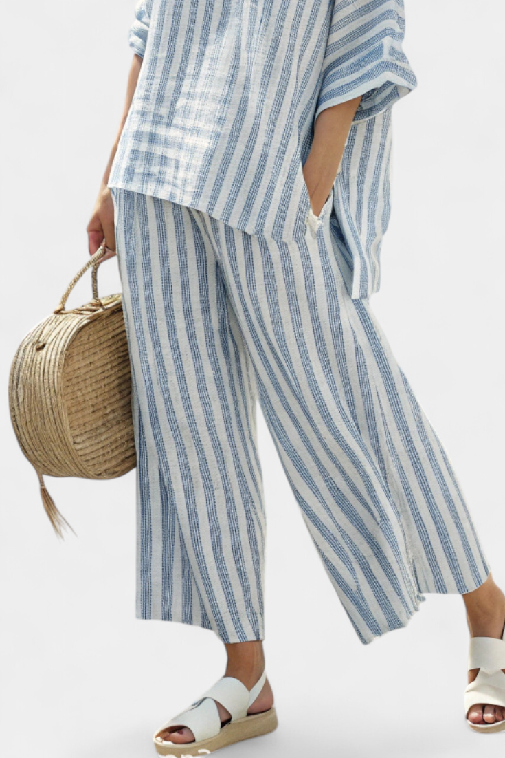 Rensleigh | Sophisticated Blue Striped Linen Top &amp; Relaxed Trousers