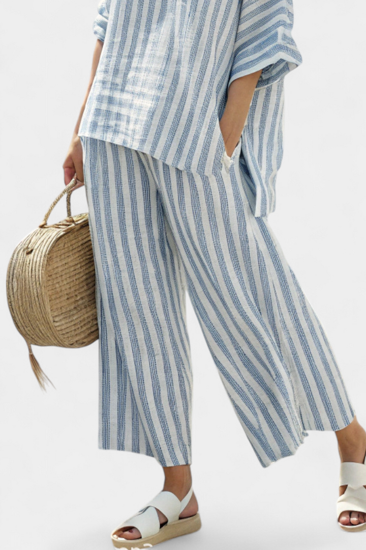 Rensleigh | Sophisticated Blue Striped Linen Top &amp; Relaxed Trousers