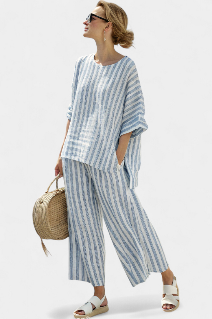 Rensleigh | Sophisticated Blue Striped Linen Top &amp; Relaxed Trousers