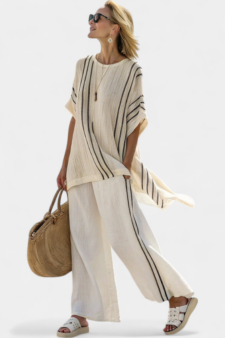 Greysen | Elegant Ivory Linen Blouse &amp; Black Striped Trousers