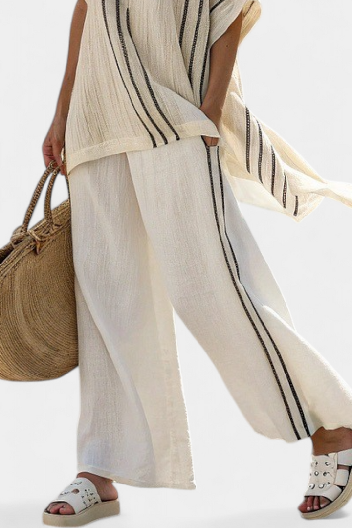 Greysen | Elegant Ivory Linen Blouse &amp; Black Striped Trousers