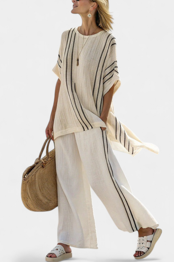 Greysen | Elegant Ivory Linen Blouse &amp; Black Striped Trousers