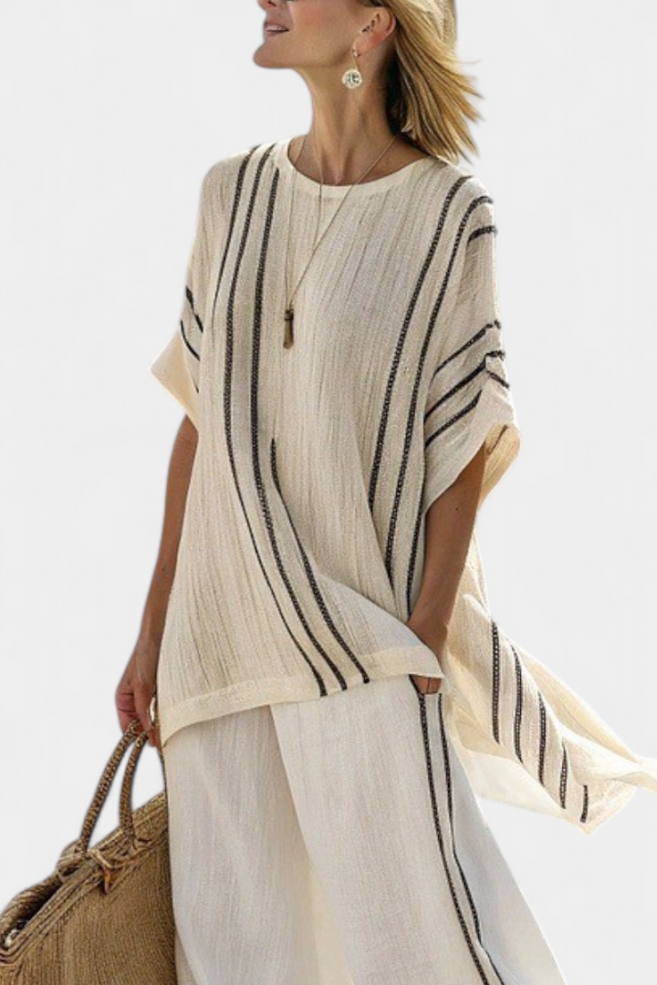 Greysen | Elegant Ivory Linen Blouse &amp; Black Striped Trousers