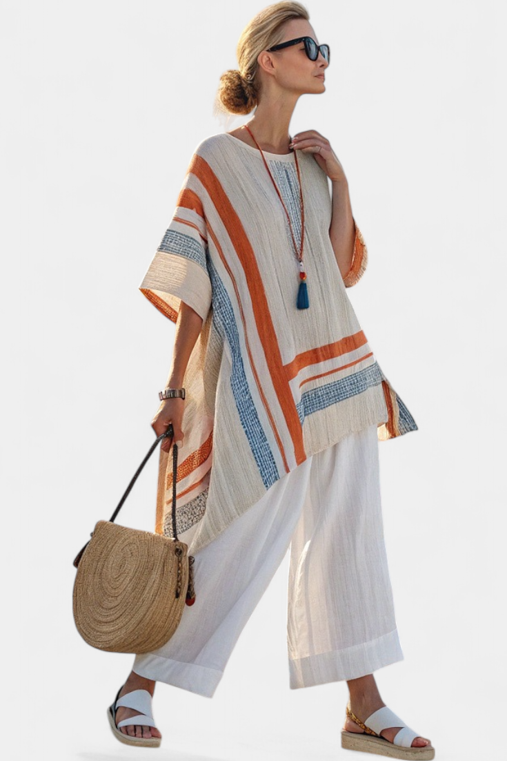 Caevan | Sophisticated Asymmetrical Blouse &amp; Wide-Leg Linen Trousers