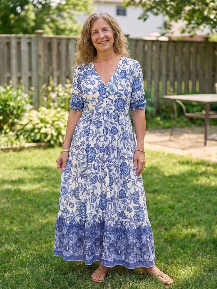 Isolde | Short Sleeve V Neck Floral Midi Dress