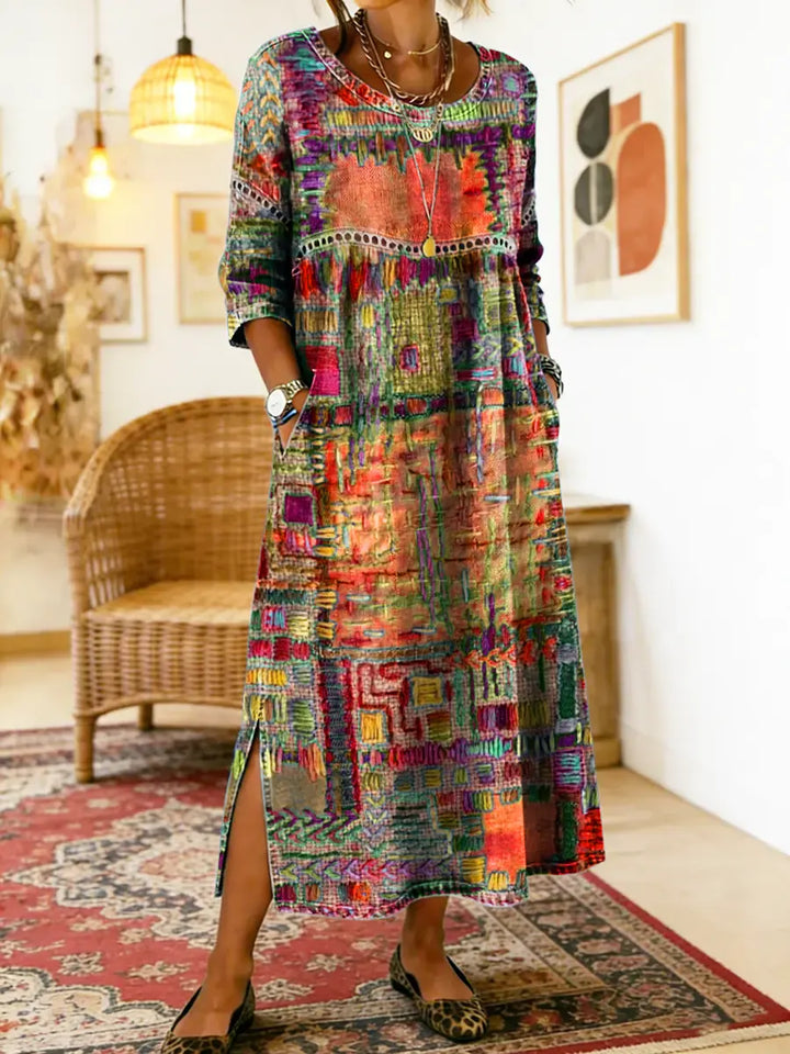 Manuela Printed Dress with Ethnic Patchwork