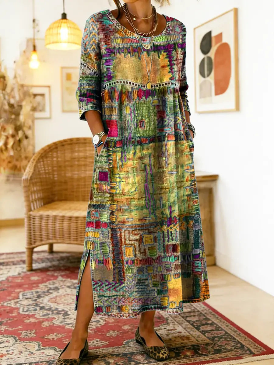 Manuela Printed Dress with Ethnic Patchwork