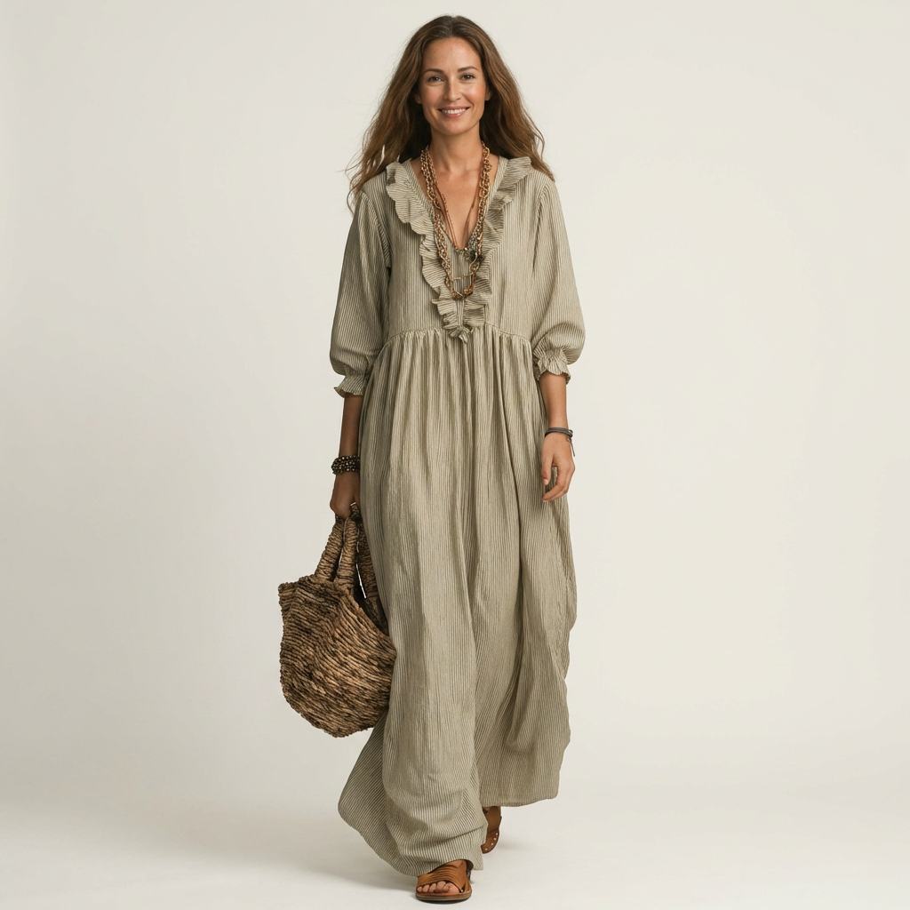 Yosetta | Ruffle V-Neck Striped Lantern-Sleeve Maxi Dress
