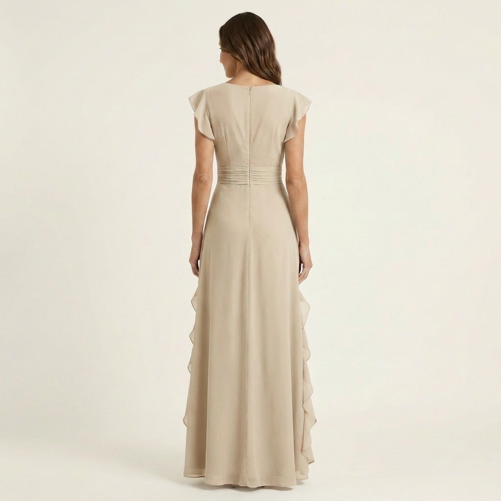 Nellyana | Wrap-Style V-Neck Flutter-Sleeve Cascading Ruffle Maxi Dress