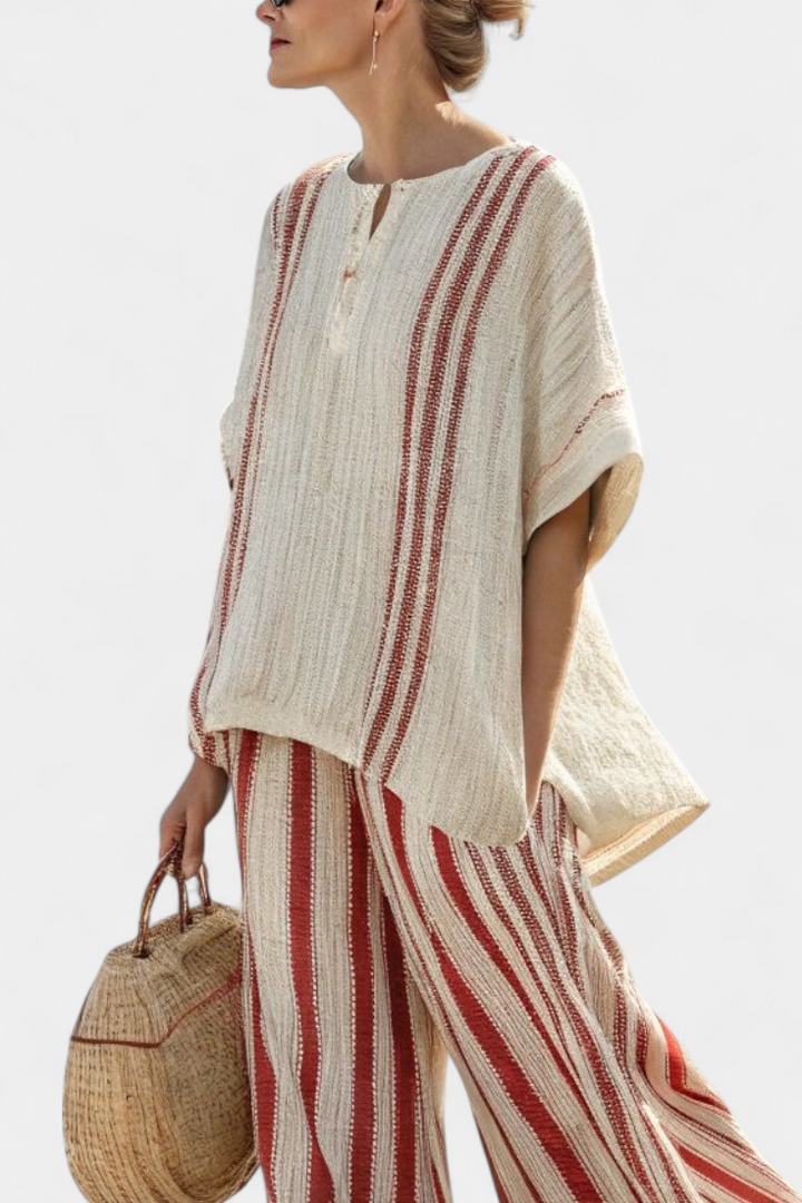 Mirella | Sophisticated Textured Red-Stripe Top &amp; Linen Trousers